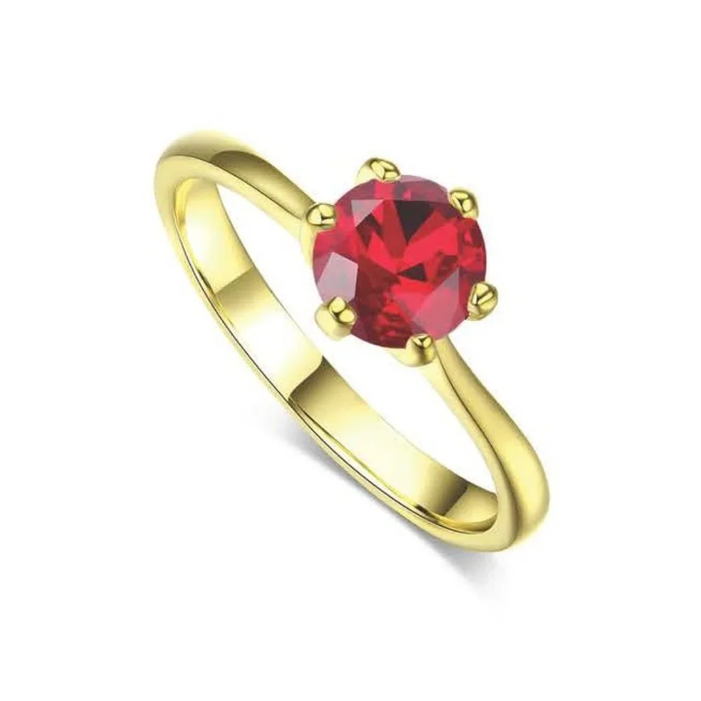 Poppy Engagement Ring 1k CZ Solitaire - Ruby Red on Yellow Gold - Picture 2 of 11